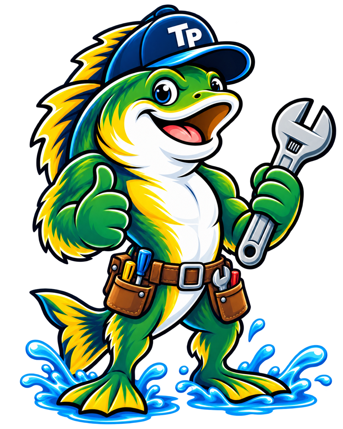 TradePond bass mascot holding an HVAC wrench